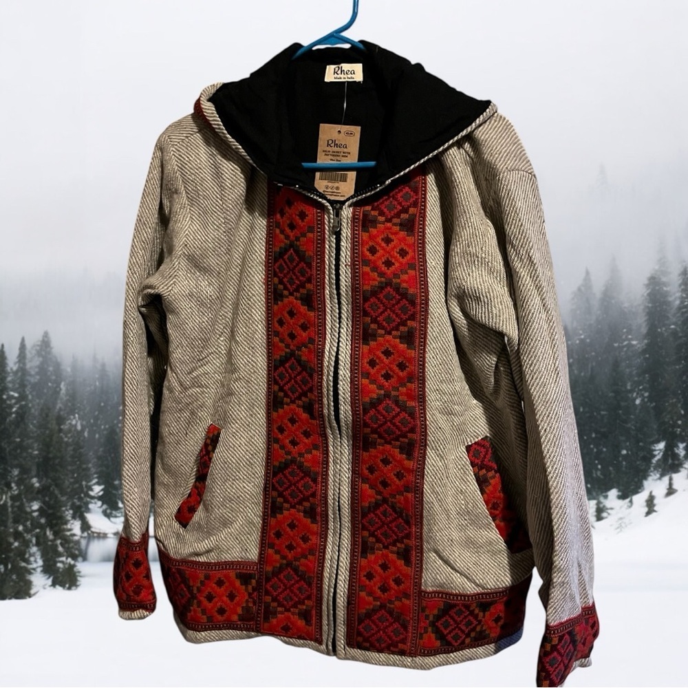 Rhea Red and Gray Tribal Look Unisex Bomber Jacket Front Zip Hoodie - Picture 2 of 6